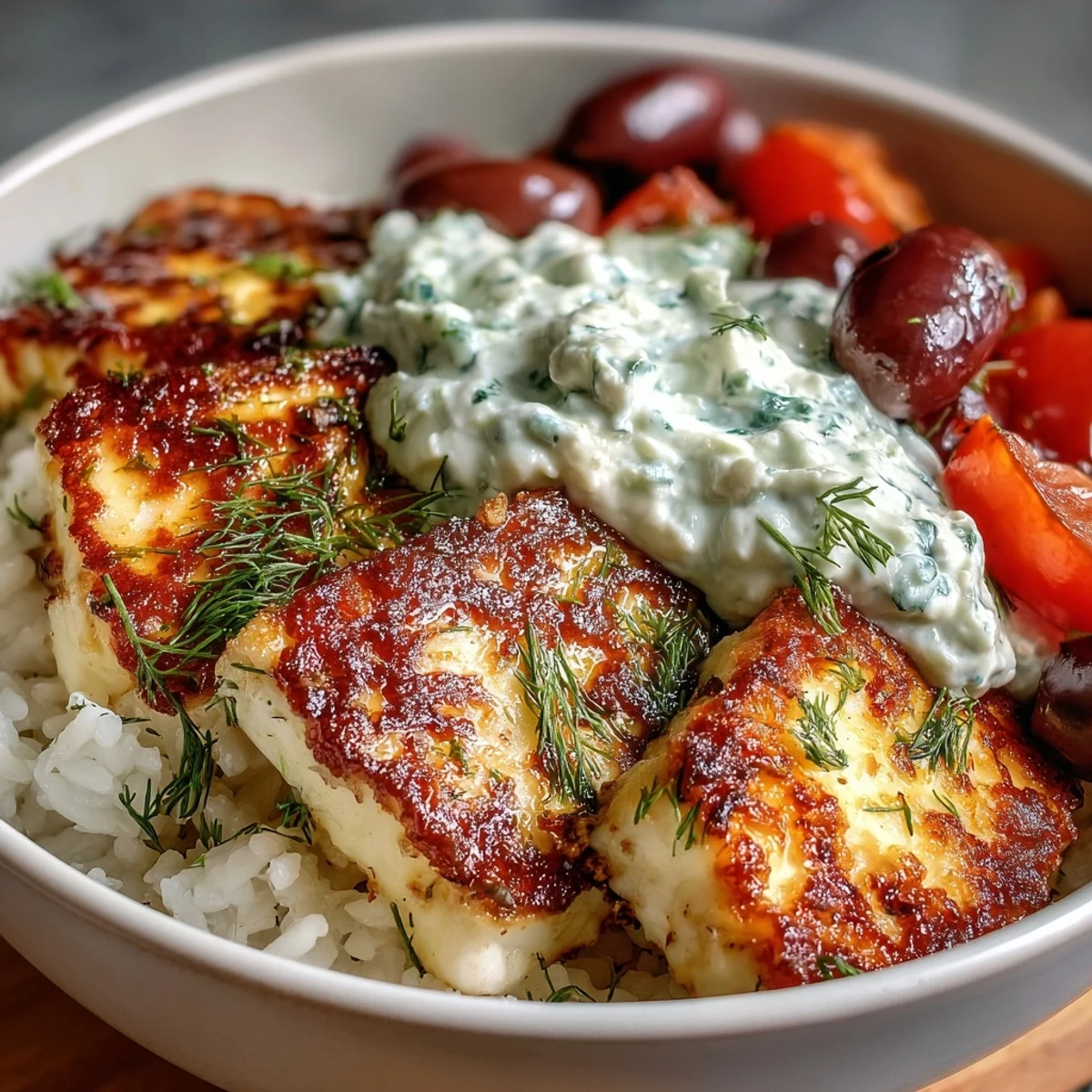 Golden-seared Greek Halloumi Power Bowl topped with creamy tzatziki, cherry tomatoes, and fresh dill.
