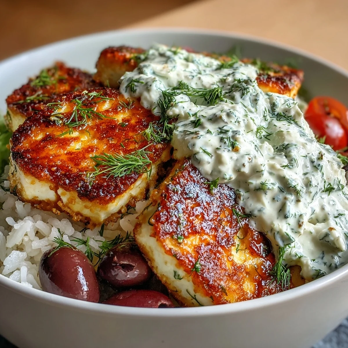 A vibrant Greek Halloumi Power Bowl featuring warm pita wedges and crisp cucumber slices on rice.