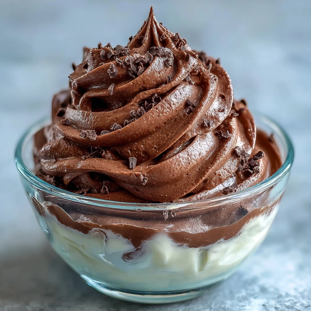 Creamy chocolate protein fluff in a bowl, topped with fresh berries and chocolate chips for a healthy post-workout snack.