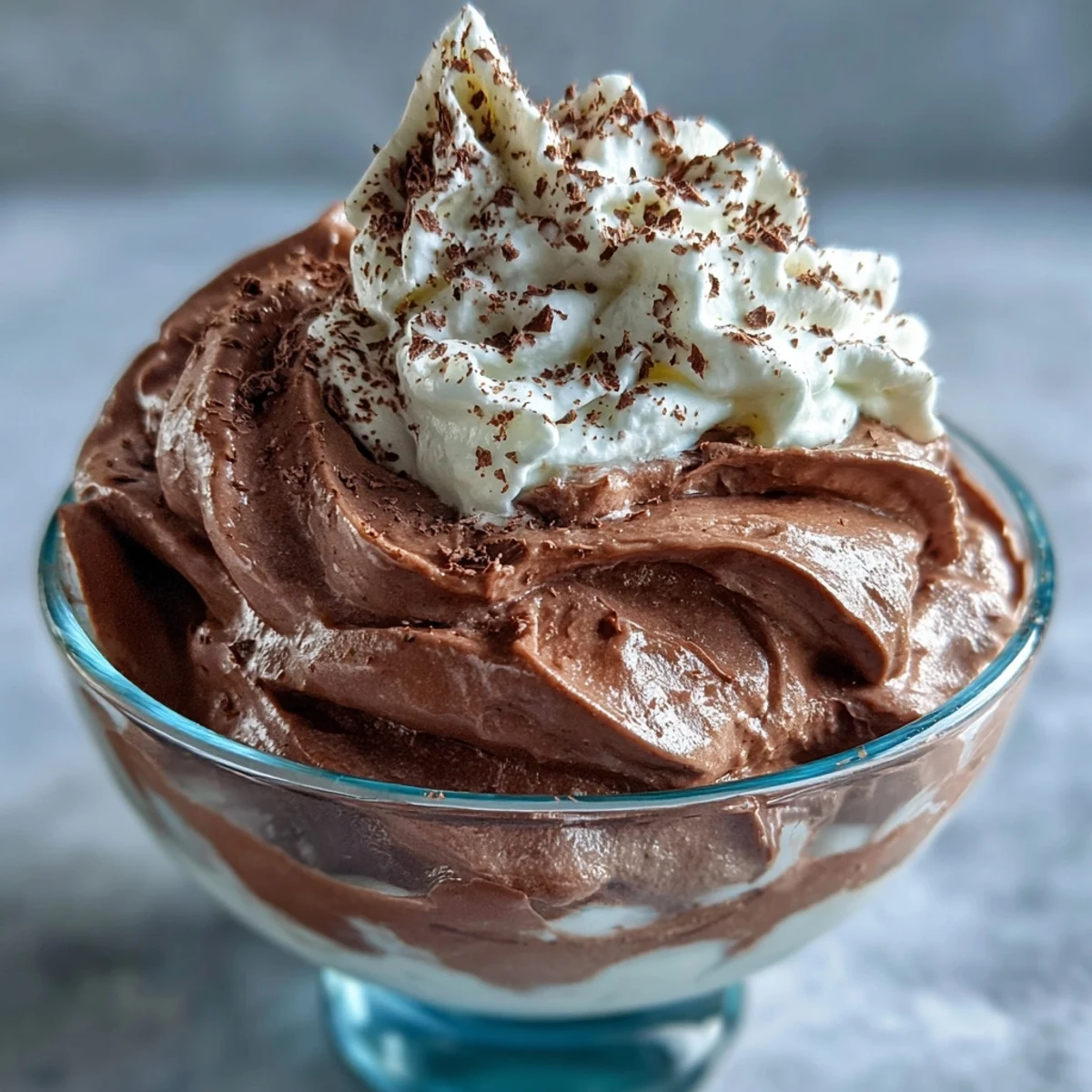 Rich and fluffy chocolate protein fluff in a glass, showing a thick and airy texture perfect for a low-calorie dessert.