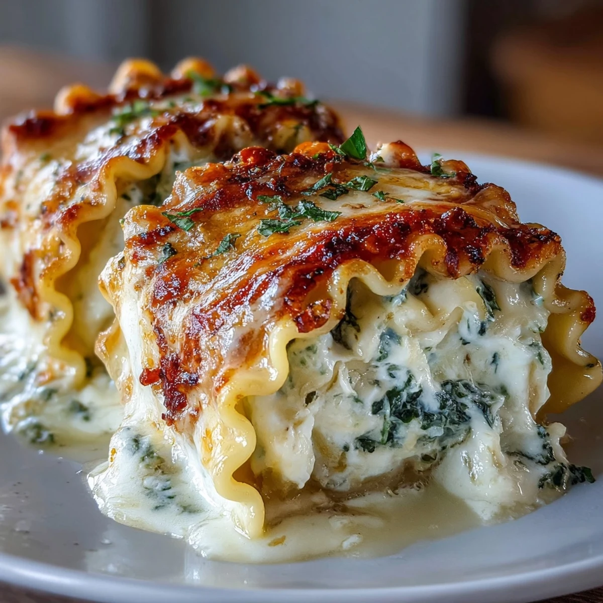 Freshly baked Garlic Butter Lasagna Roll-Ups plated with a crisp side salad and extra grated Parmesan, perfect for a cozy dinner.