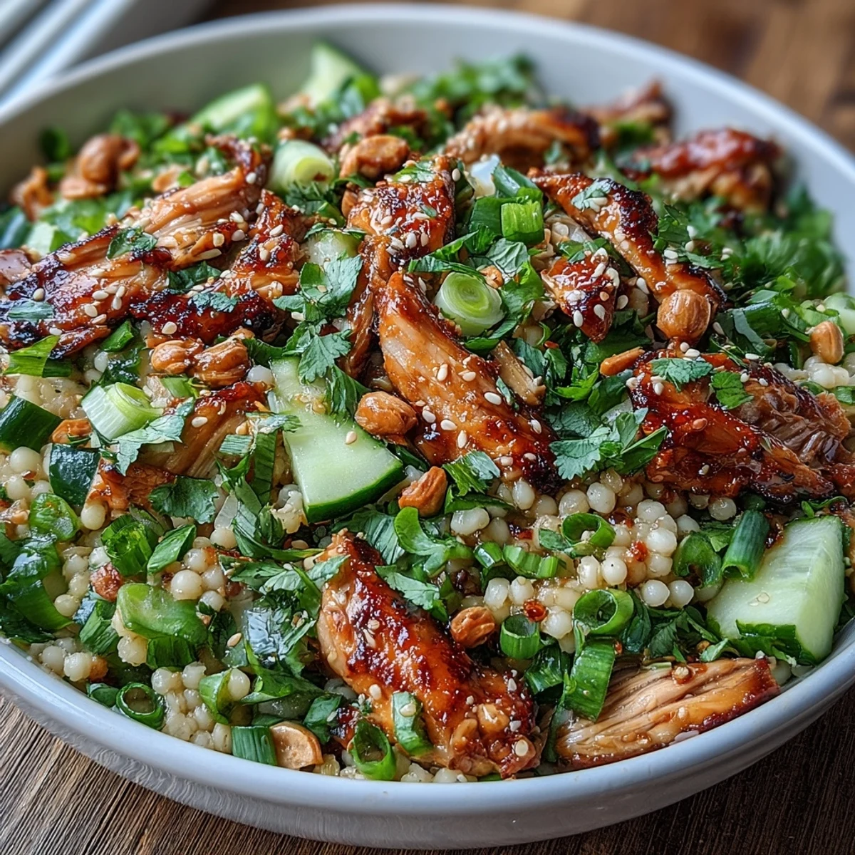 Bright serving bowl of Asian Sesame Chicken Couscous Salad featuring tender chicken, crunchy cucumbers, scallions, and cilantro tossed in a glossy sesame-soy dressing, topped with toasted sesame seeds.