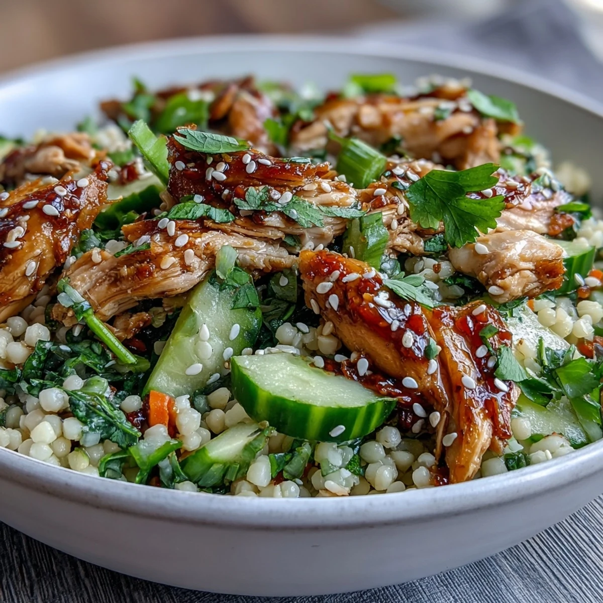 Close-up overhead shot of Asian Sesame Chicken Couscous Salad in a white bowl, showcasing fluffy couscous pearls, succulent chicken, and vibrant green cucumbers with glistening sesame dressing.