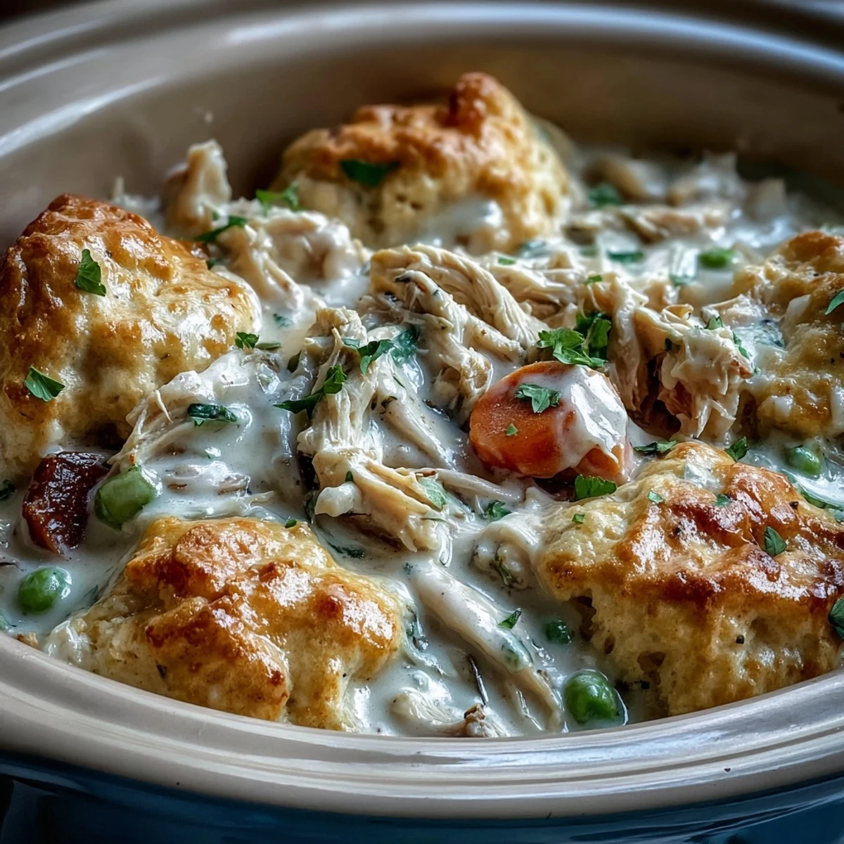 Spoonful of Slow Cooker Ranch Chicken & Dumplings lifted from the pot, revealing peas and carrots in a thick, hearty, slow-simmered stew.