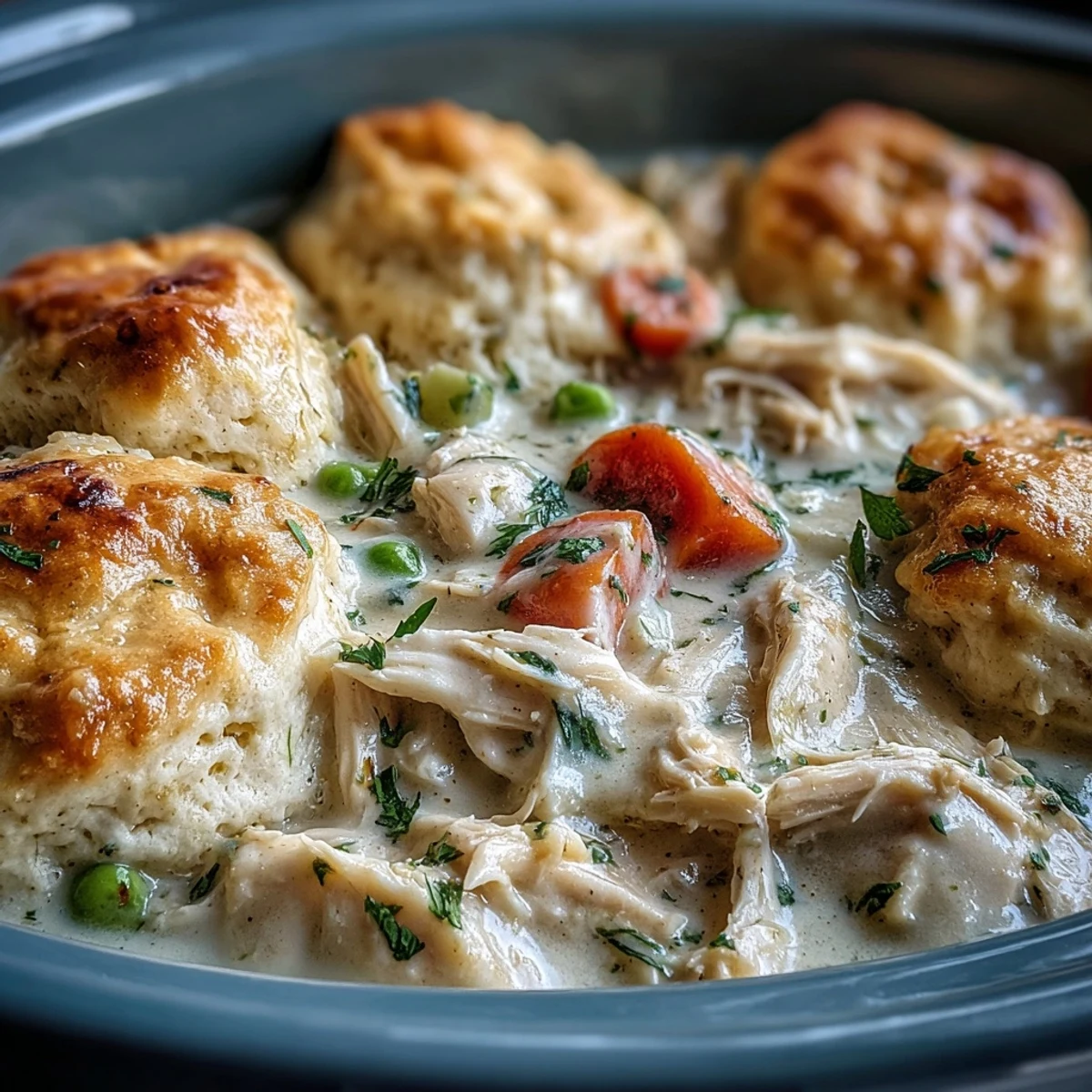 A warm bowl of Slow Cooker Ranch Chicken & Dumplings, featuring tender shredded chicken and fluffy biscuit dumplings in a creamy, ranch-seasoned broth.