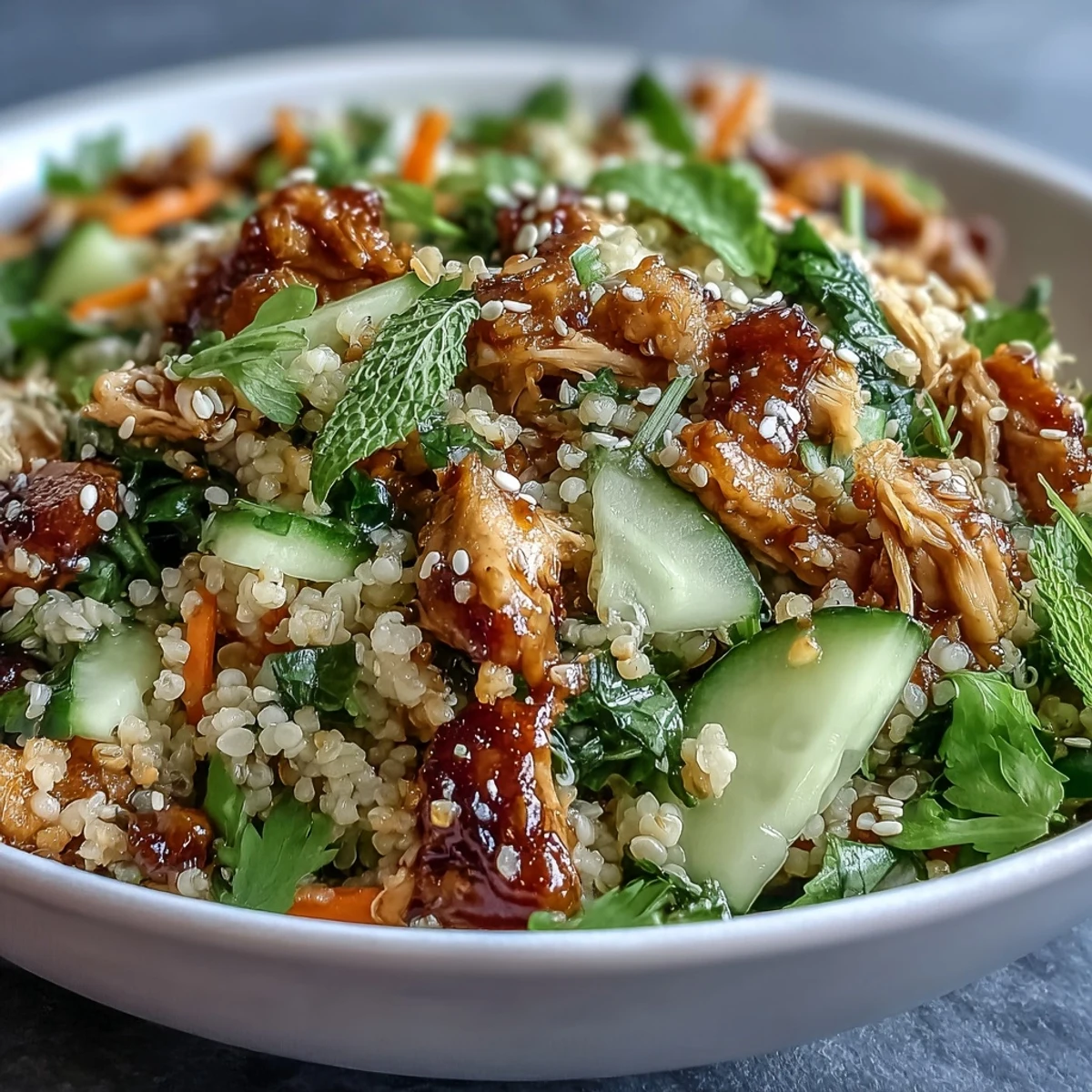 Hearty Asian Sesame Chicken Couscous Salad served in a bowl, garnished with toasted sesame seeds and fresh herbs.