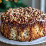 Golden-brown Christmas Toffee Crunch Cake layers are stacked, with toffee glaze dripping down the sides on a festive platter.