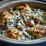 Spoonful of Slow Cooker Ranch Chicken & Dumplings lifted from the pot, revealing peas and carrots in a thick, hearty, slow-simmered stew.