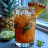 Refreshing pineapple basil agua fresca with fresh basil leaves and lime in a clear glass pitcher, garnished with pineapple wedges and lime slices.