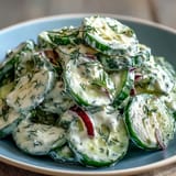A bowl of Creamy Cucumber Dill Salad featuring crisp cucumber slices in a rich, creamy dill dressing, perfect for summer gatherings.