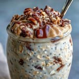 Decadent Protein Cookie Dough Overnight Oats with melty chocolate chips, ready to enjoy.