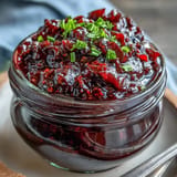 Glossy Blackberry Jalapeño BBQ Sauce shimmering, ready for grilling with a sweet and spicy kick.
