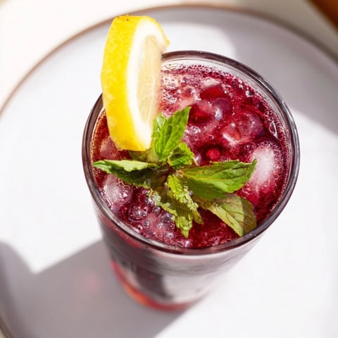 A refreshing Sleepy Girl Cherry Mocktail, garnished with mint and lemon, perfect for a relaxing night.