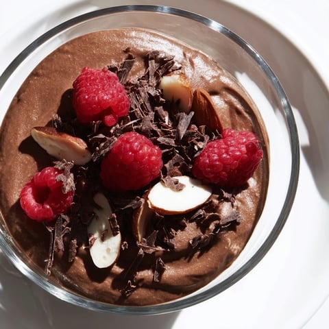 Silky-smooth chocolate avocado mousse topped with fresh berries, a delightful vegan dessert.