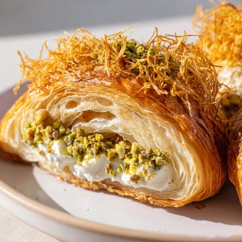 Golden flaked and crisp Pistachio Cream Croissants, decadently filled for brunch indulgence.