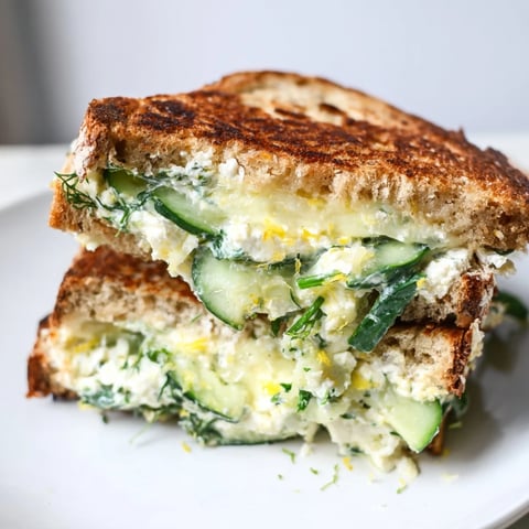 Golden-brown Whipped Feta Spring Grilled Cheese slices resting on a white plate, revealing creamy lemon-dill filling.  