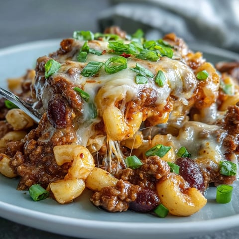 Creamy One-Pan High Protein Chili Mac with shredded cheddar and ground beef served in a rustic bowl.