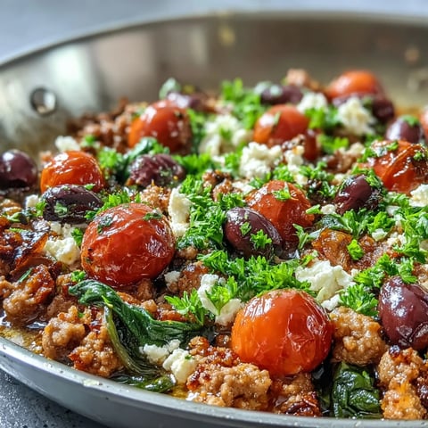 Fragrant Mediterranean Keto Ground Chicken Skillet with olives and feta, garnished with parsley, served warm in a pan.