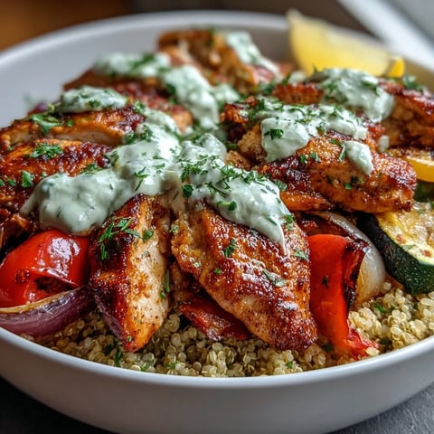 Roasted vegetable and quinoa bowl topped with sliced paprika herb chicken, garnished with fresh parsley and lemon wedges.