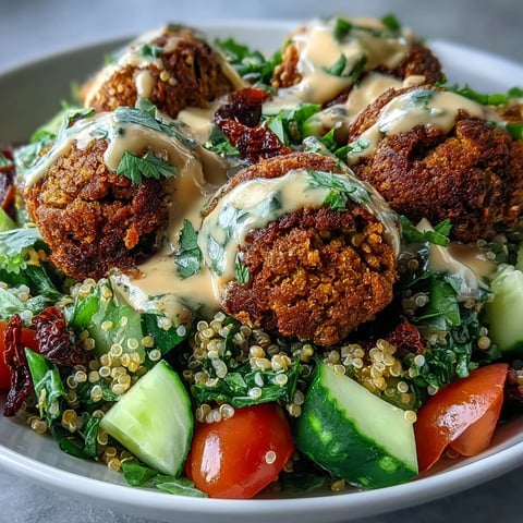 Freshly baked falafel balls rest on a bed of fluffy quinoa, dotted with diced cucumber and halved cherry tomatoes in a white bowl, ready for a creamy drizzle of garlic tahini sauce. 