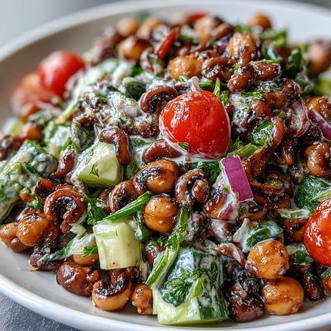 Festive New Years Hoppin John Salad with creamy tahini dressing and fresh red bell pepper. 