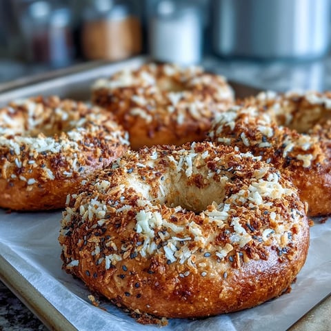Freshly baked Greek Yogurt Bagels with a golden egg-wash crust, sprinkled with everything bagel seasoning on a baking tray.