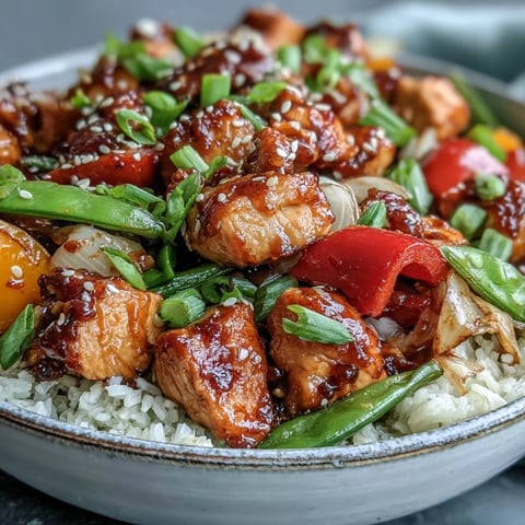 Golden-brown chicken pieces and crisp-tender bell peppers coated in a vibrant, glossy red Spicy Sweet Chicken Diablo sauce.