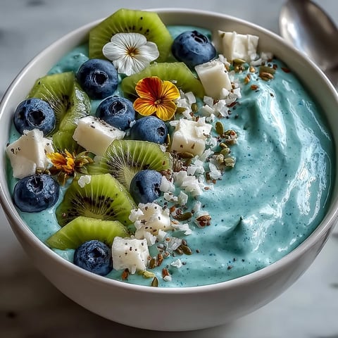 Bright blue Whimsical Healthy Mermaid Smoothie Bowl topped with kiwi, berries, and dragon fruit in a creamy swirl.