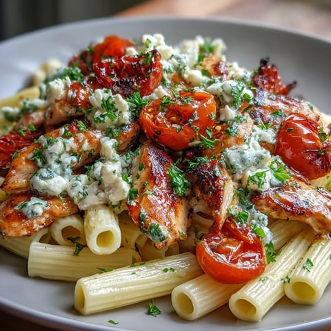 Creamy roasted garlic and feta chicken pasta with tender penne and roasted cherry tomatoes served in a white bowl.