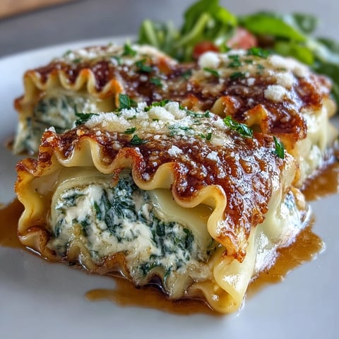 Golden-brown Garlic Butter Lasagna Roll-Ups sit bubbly in a baking dish, showcasing cheesy spinach filling and a rich, buttery garlic sauce.