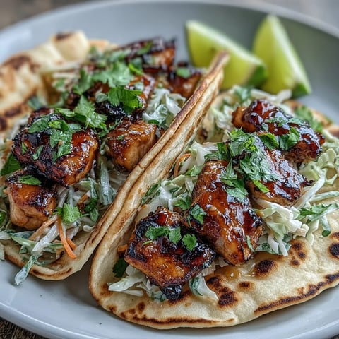 Warm garlic naan folded around sticky honey-garlic chicken tacos topped with crisp red cabbage slaw.
