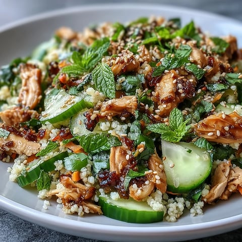 Tender shredded rotisserie chicken and crisp cucumber on pearl couscous in a savory Asian sesame dressing.