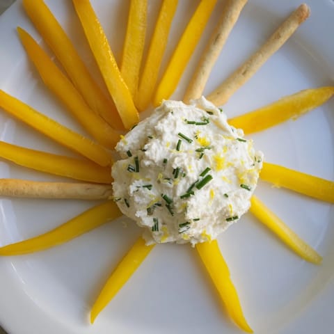 Tuscan Sunburst appetizer, visually stunning appetizer with yellow peppers and creamy goat cheese for summer entertaining.