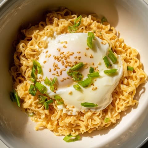 Warm, cheesy Instant Cheese Ramen with a runny yolk, ready to be enjoyed as a meal.