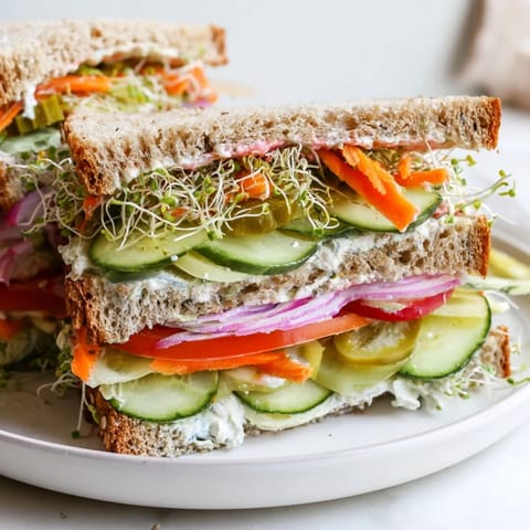 Close-up photo of a fully-loaded Crunchy Dill Pickle Sandwich, showcasing the vibrant pickle-packed layers ready to enjoy.