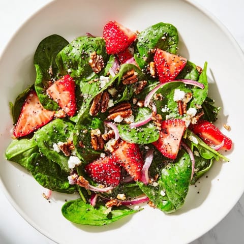A visually appealing Spinach Strawberry Salad, showcasing bright red strawberries amidst green spinach leaves.