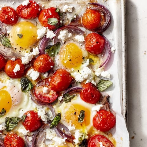 Golden baked Tomato Feta Eggs ready to serve, perfect for a flavorful Mediterranean-inspired brunch.