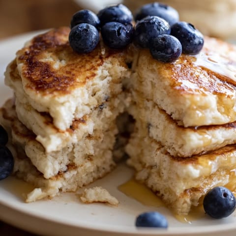 Fluffy cottage cheese pancakes golden-brown on a skillet, topped with fresh berries and a drizzle of maple syrup for a healthy breakfast.  