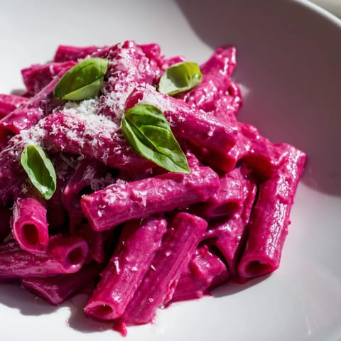 Steaming pink pasta with beet cream sauce in a rustic skillet, garnished with fresh basil and grated Parmesan cheese.