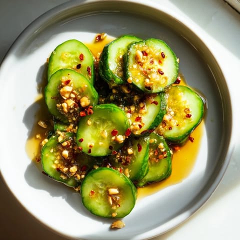 Fresh cucumber slices tossed with minced garlic and sesame seeds, ready to serve as a crunchy vegan side dish.  