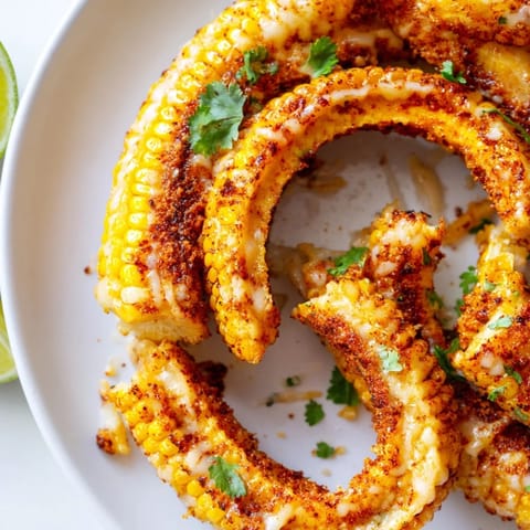 Freshly roasted cheesy corn ribs featuring charred edges, vibrant spices, and gooey cheese, finished with a bright squeeze of lime on a rustic platter.