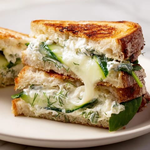 The toasted Whipped Feta Spring Grilled Cheese is served alongside fresh spinach and cucumber slices.  