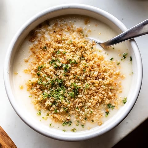 A bowl of creamy vegetarian soup featuring velvety celeriac and crunchy toasted hazelnut topping.
