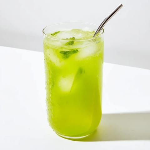 Tall glass of Celery Ginger Lemon Juice with bright green hues, lemon slices, and a sprig of mint on top.