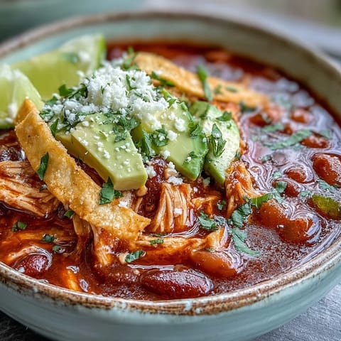 Close-up of Chicken Tortilla Soup topped with crispy golden tortilla strips and creamy avocado slices.