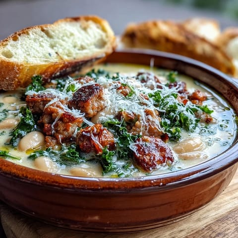 Creamy Italian White Bean Soup with Kale and Sausage topped with grated Parmesan and fresh herbs on a table.