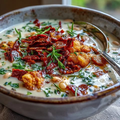A close-up of Creamy Tuscan White Bean Soup in a rustic bowl, garnished with crispy pancetta, grated Parmesan, and a drizzle of olive oil.
