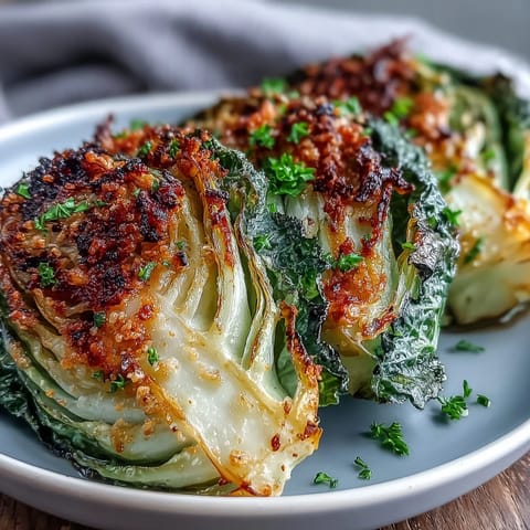 A close-up of roasted garlic Parmesan cabbage wedges, golden and sizzling, garnished with fresh herbs on a rustic plate.  