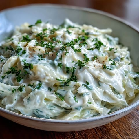 Shredded cabbage and onions simmer in a silky cream sauce for Creamed Cabbage.