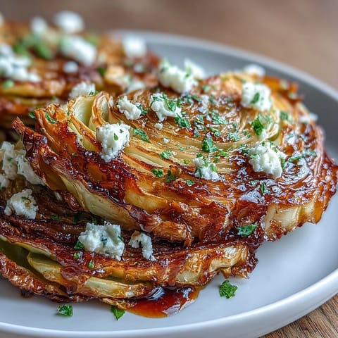 Roasted cabbage steaks topped with crumbled feta and balsamic drizzle, served warm.